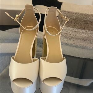 Michael Kors Cream Peep-Toe Platform Sandals with Gold Block Heel